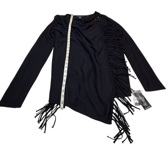 NWT INC Black Fringe Shawl Drape Front Top Long Sleeve Shoulder Buckle - Picture 12 of 16
